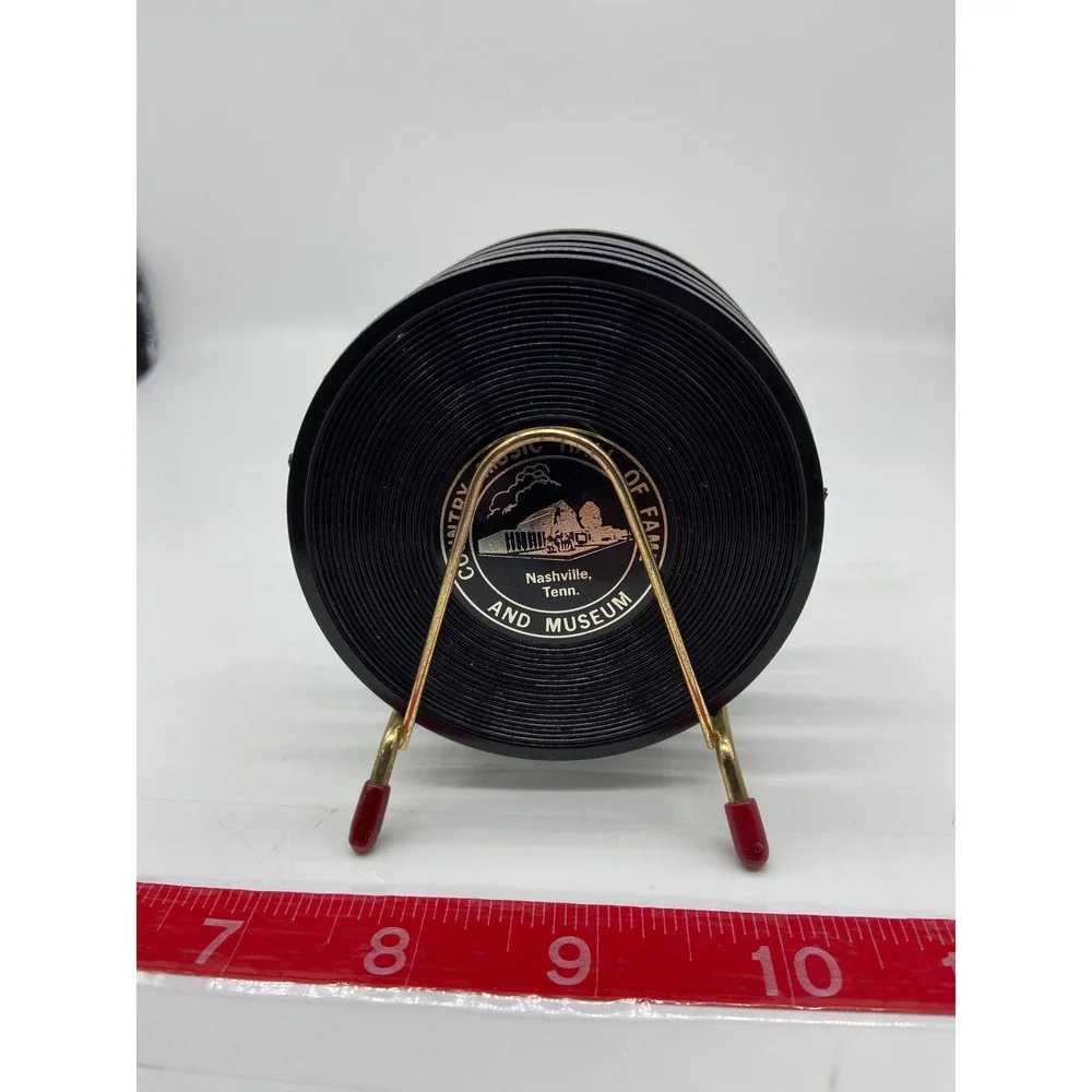 Country Music Hall of Fame Coaster Set Black Vinyl Record Style with Gold Holder